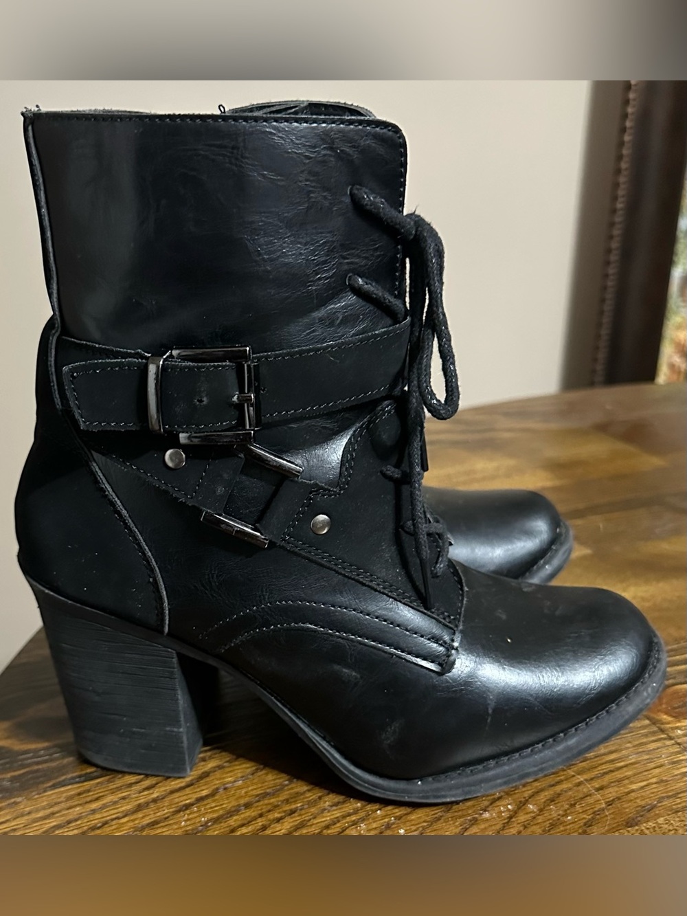 Pierre Dumas Black Lace-Up Buckle Block Heel Ankle Boots